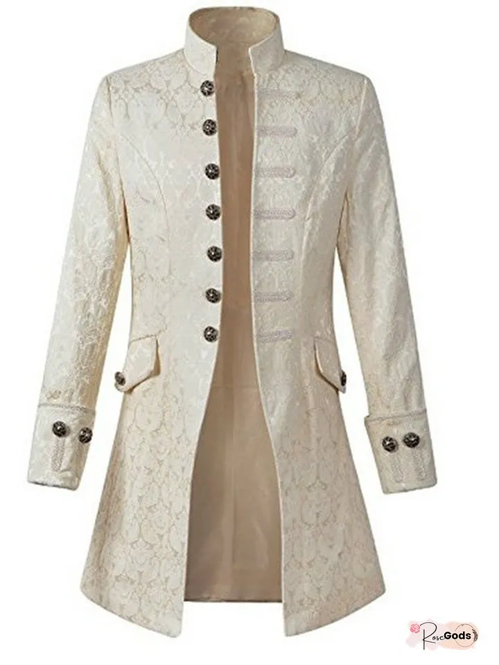 Men's Coat Lightweight Cocktail Party Cosplay Costumes Nightclub Buttoned Front Stand Collar Artistic / Retro Punk Fashion Elegant & Luxurious Jacket Outerwear Solid Color with Pockets Blue White