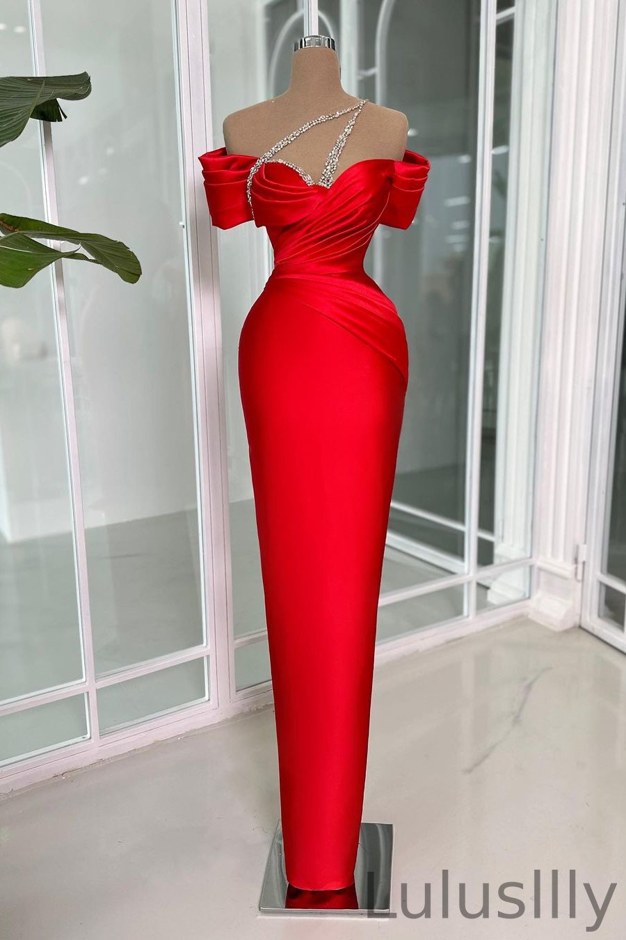 Chic Red Off-the-Shoulder Sleeveless Mermaid Evening Gowns With Beadings Online - lulusllly