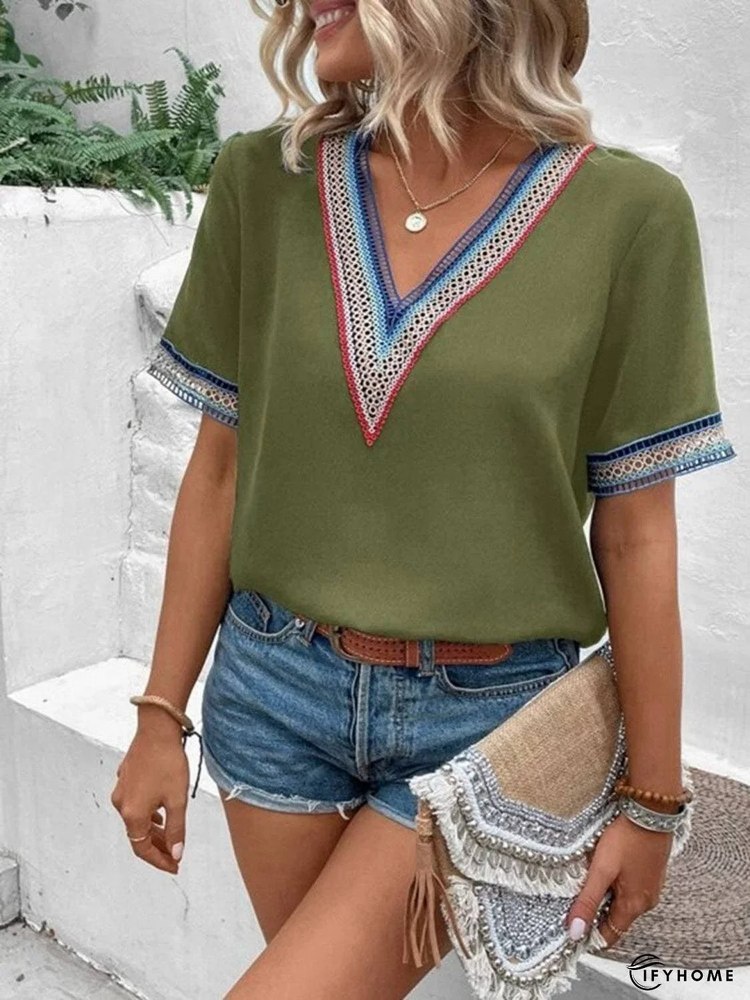 Full Size V-Neck Short Sleeve Blouse | IFYHOME