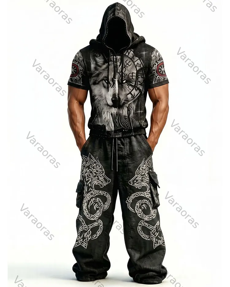 Men's Fashion Viking Contrast Color Embroidered Hoodie & Pants Two-Piece Set 4935