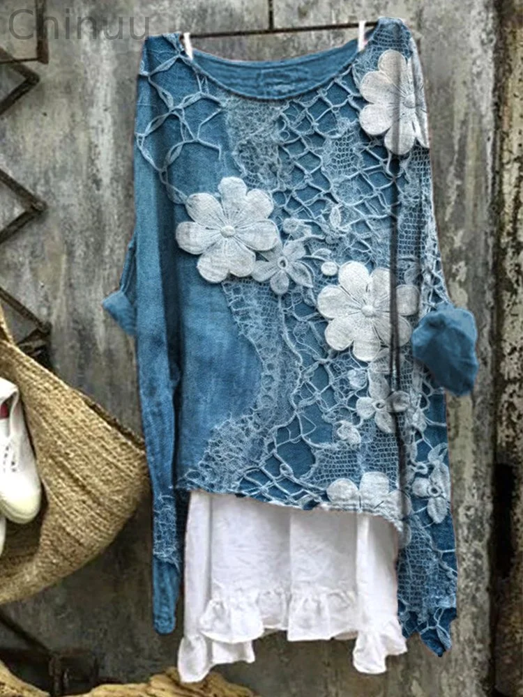 Floral Embroidery Art Linen Blend Vintage Shirt