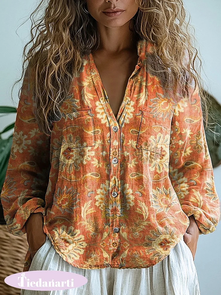 Women's Vintage Lovely Floral Art Print Casual Long Sleeve Comfortable Cotton Shirt