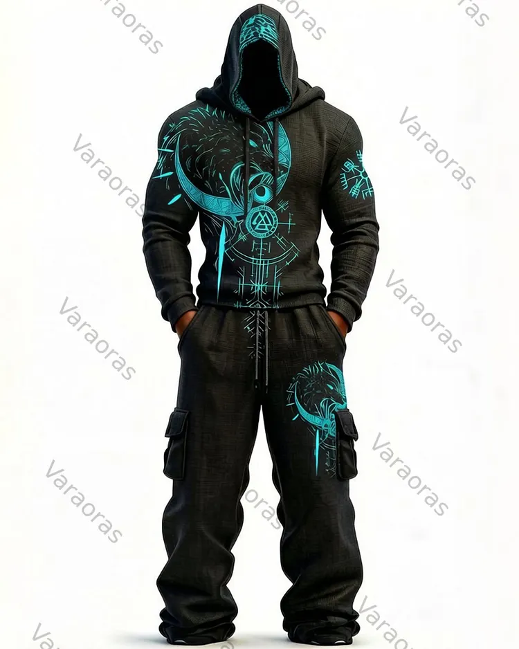 Men's Fashion Viking Contrast Color Embroidered Hoodie & Pants Two-Piece Set 9441