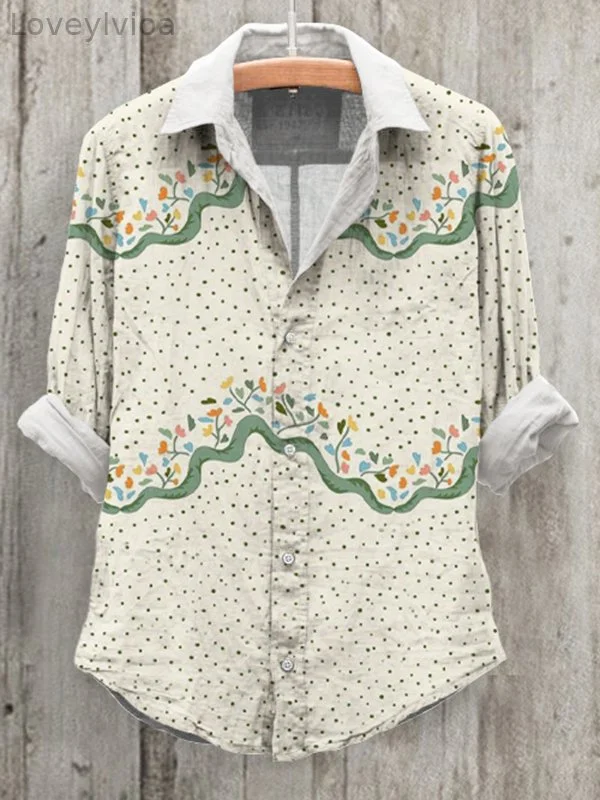 Women's Polka Dot Flowers All Over Print Long Sleeve Cotton And Linen Shirt
