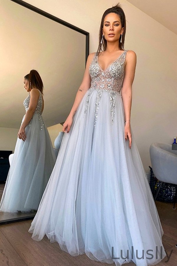Luluslly V-Neck Sleeveless Prom Dress With Crystals