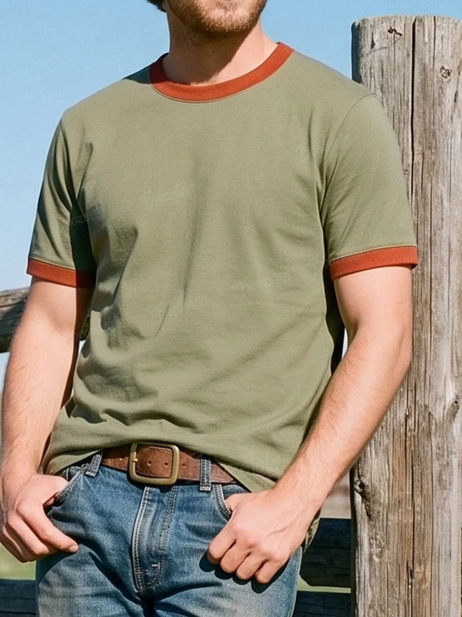Men Vintage Contrast Rib Crew Neck Short Sleeve Ringer Cotton T-Shirt