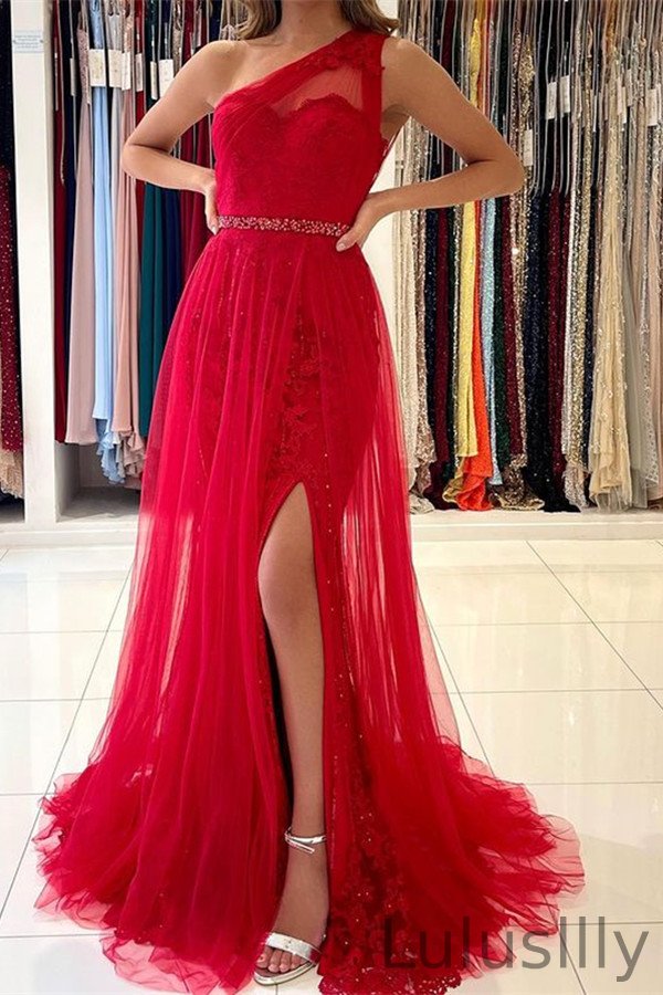 Stunning One Shoulder Red Tulle Prom Dress Lace With Slit - lulusllly