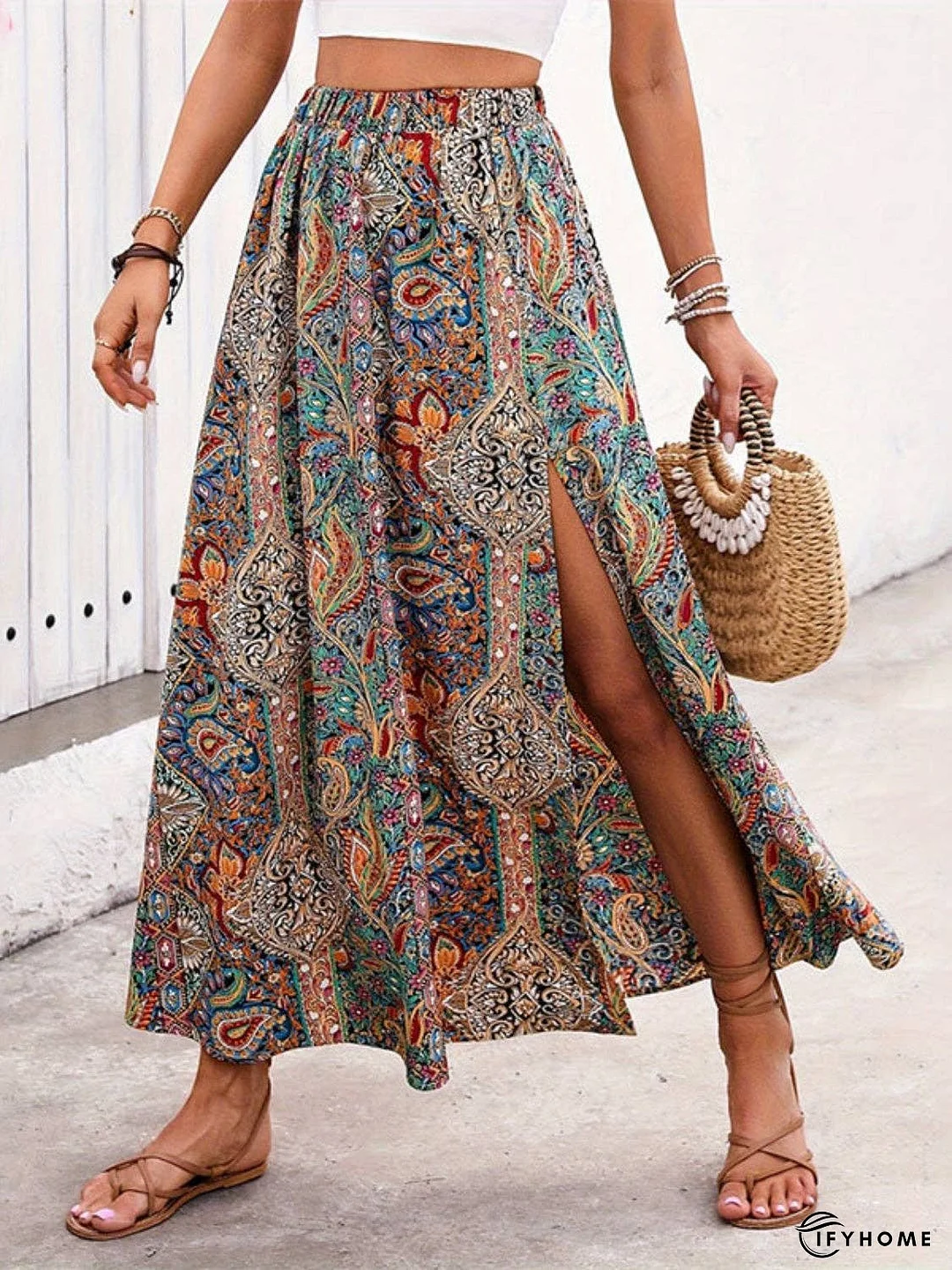 Slit Printed Elastic Waist Skirt | IFYHOME