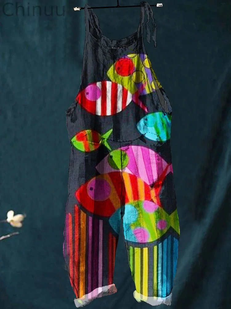 Women's  Rainbow  Fish  Art  Print Casual 100% Cotton Wide Leg Jumpsuit