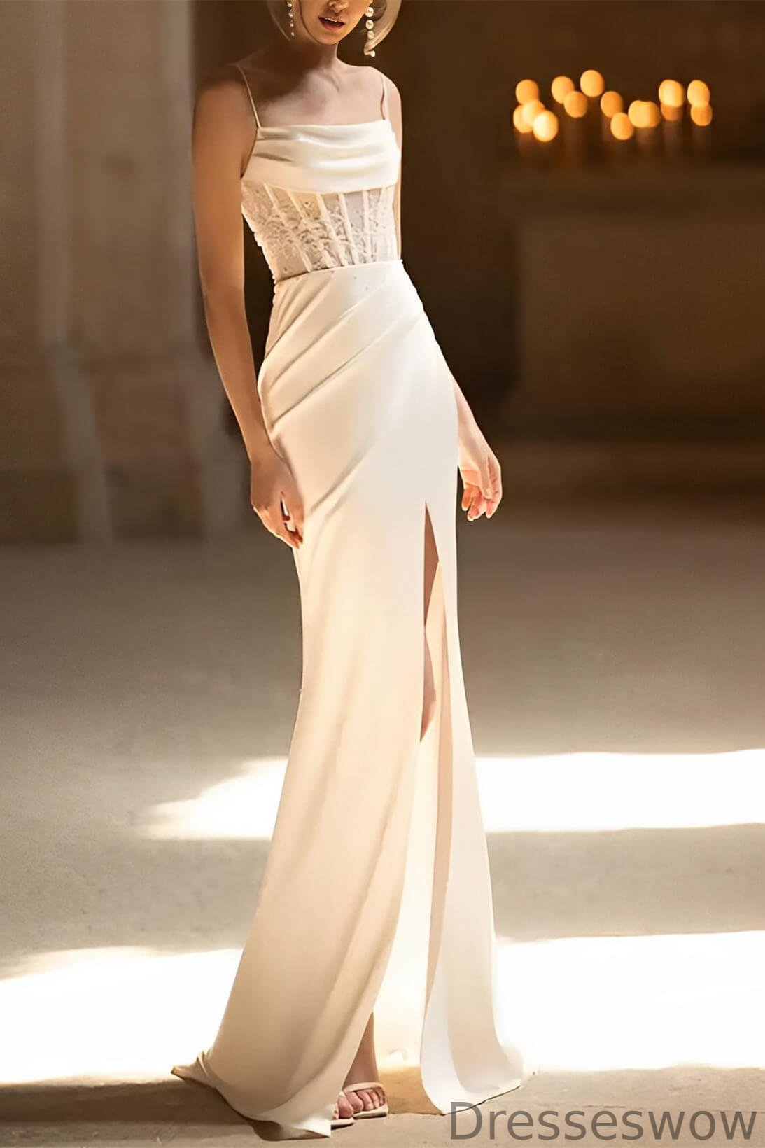 Dresseswow Spaghetti-Straps Sleeveless Wedding Dress Sheath Slit With Appliques