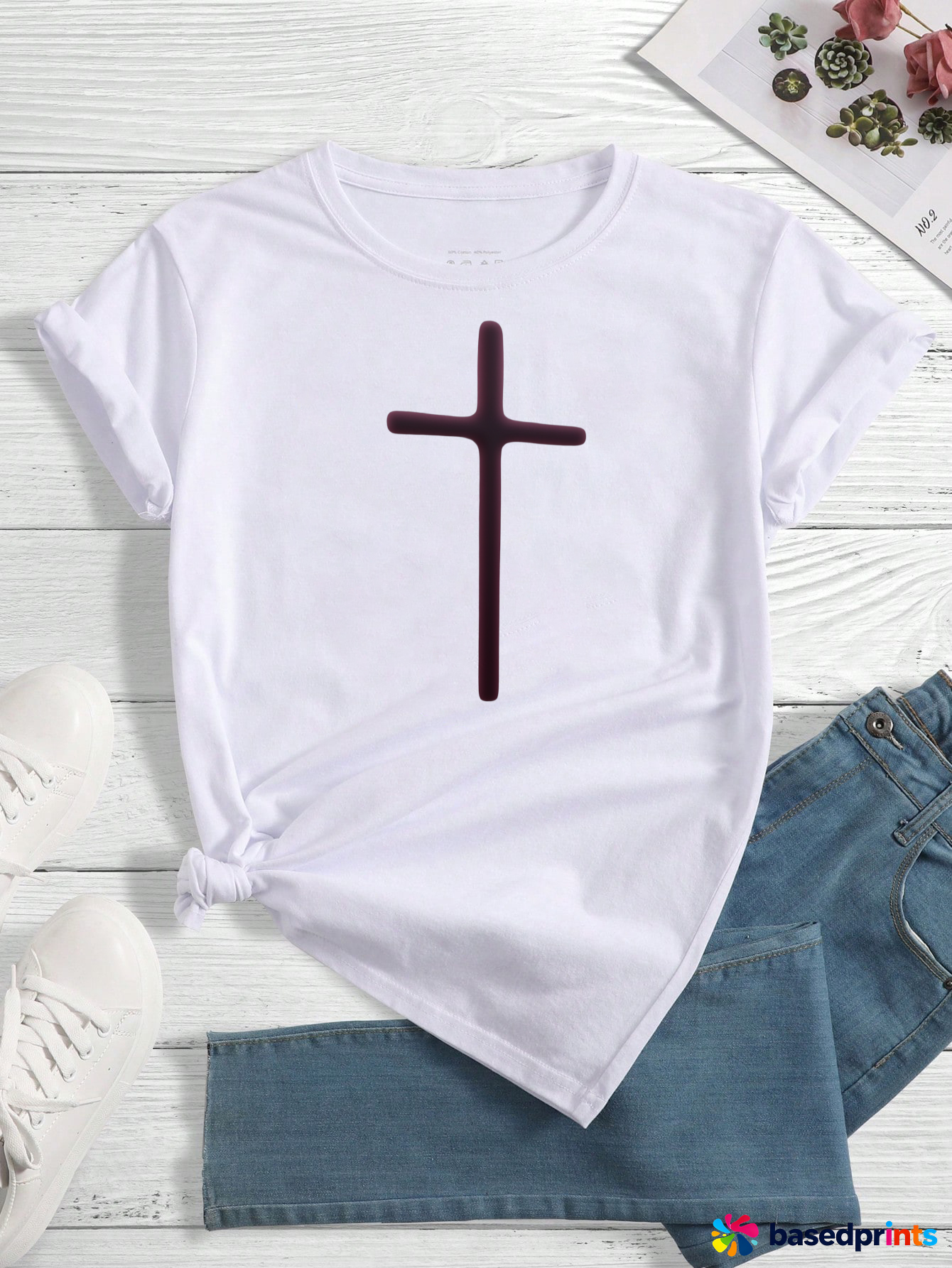 White Cross T-Shirt Cotton Casual Women Tops
