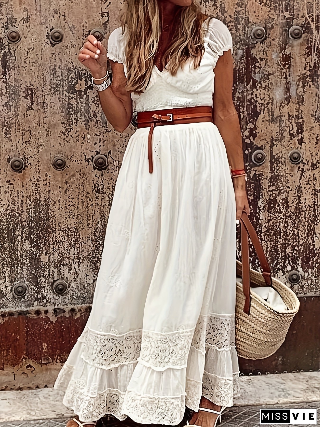 Women's Bohemian Floral Lace Panel Maxi Dress - Sleeveless Deep V-Neck Flowing Beach Dress With Adjustable Belt, Tiered Hem & Loose Fit For Spring Summer Fall, Beach Wedding Dresses For Bride, Vacation Outfit, Elegant Construction, Boho Lovers