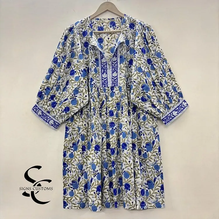 Blue Floral Block Print Soft Cotton Woman Midi Dress &ndash; Summer Tunic for Women with String Closure