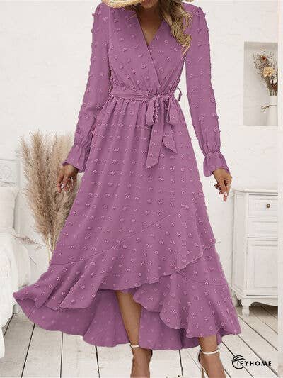 Swiss Dot Tie Waist Flounce Sleeve Dress | IFYHOME