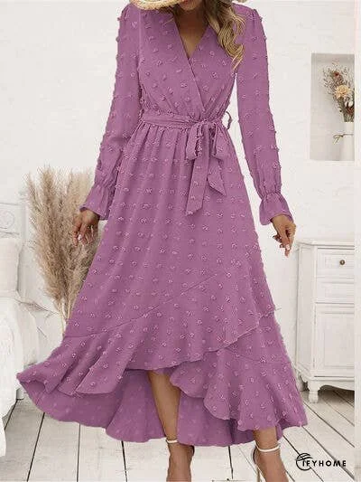 Swiss Dot Tie Waist Flounce Sleeve Dress | IFYHOME