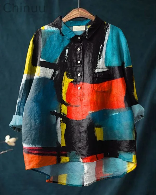 Vintage Abstract Art Print Cotton and Linen Shirt
