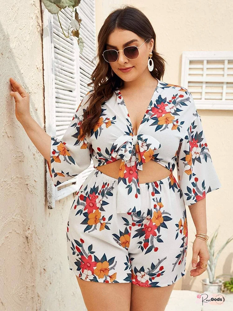 plus floral cut out tie front romper