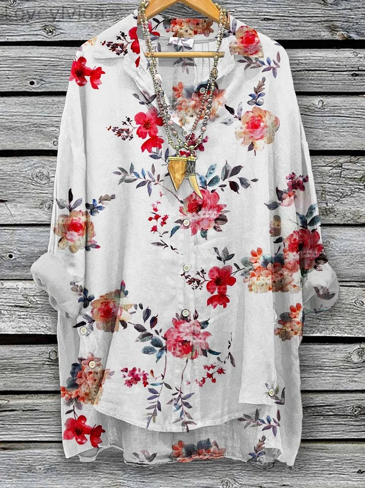 Women's  Floral  Print Casual Cotton And Linen Shirt
