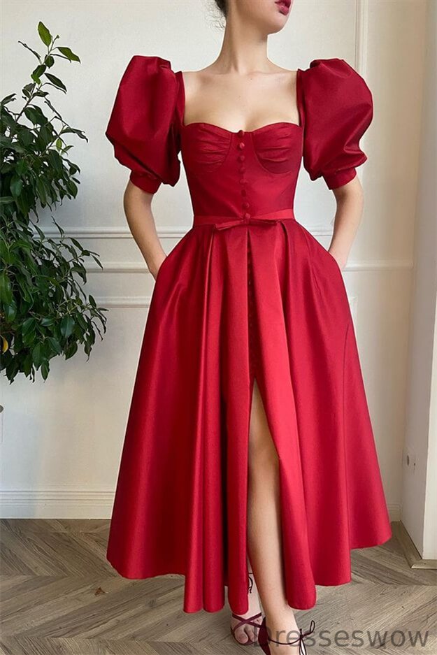 Dresseswow Burgundy Bubble Sleeves Prom Dress Front Split With Buttons