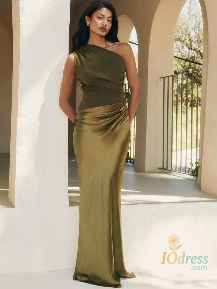 IO Dress JULISSA MO Patchwork Satin Sexy One Shoulder Women Maxi Dress Brown Sleeveless Evening Dress Summer Slim Elegant Party Clubwear