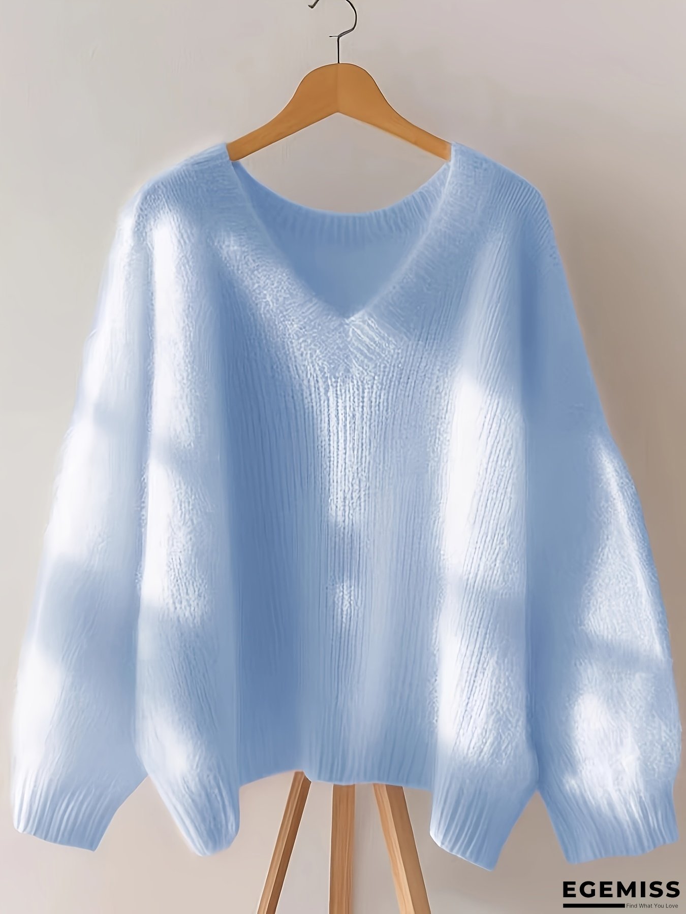 Women's Soft V-Neck Sweater - Pastel Blue Loose Fit Pullover, Cozy Winter Sweater for Everyday & Formal Outfits, Easy-Care Chic Sweater for Fall and Winter Seasons, Cute Sweaters, Casual Wear, Relaxed Fit Top, Quality Knitwear, Comfortable Material | EGEMISS