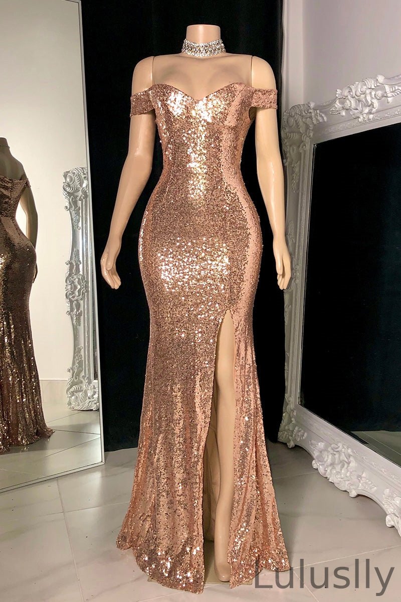 Luluslly Off-the-Shoulder Sequins Prom Dress Mermaid Long Slit On Sale