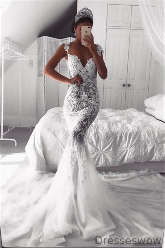 Dresseswow Cap Sleeves Mermaid Wedding Dress Lace Appliques With Zipper Button Back