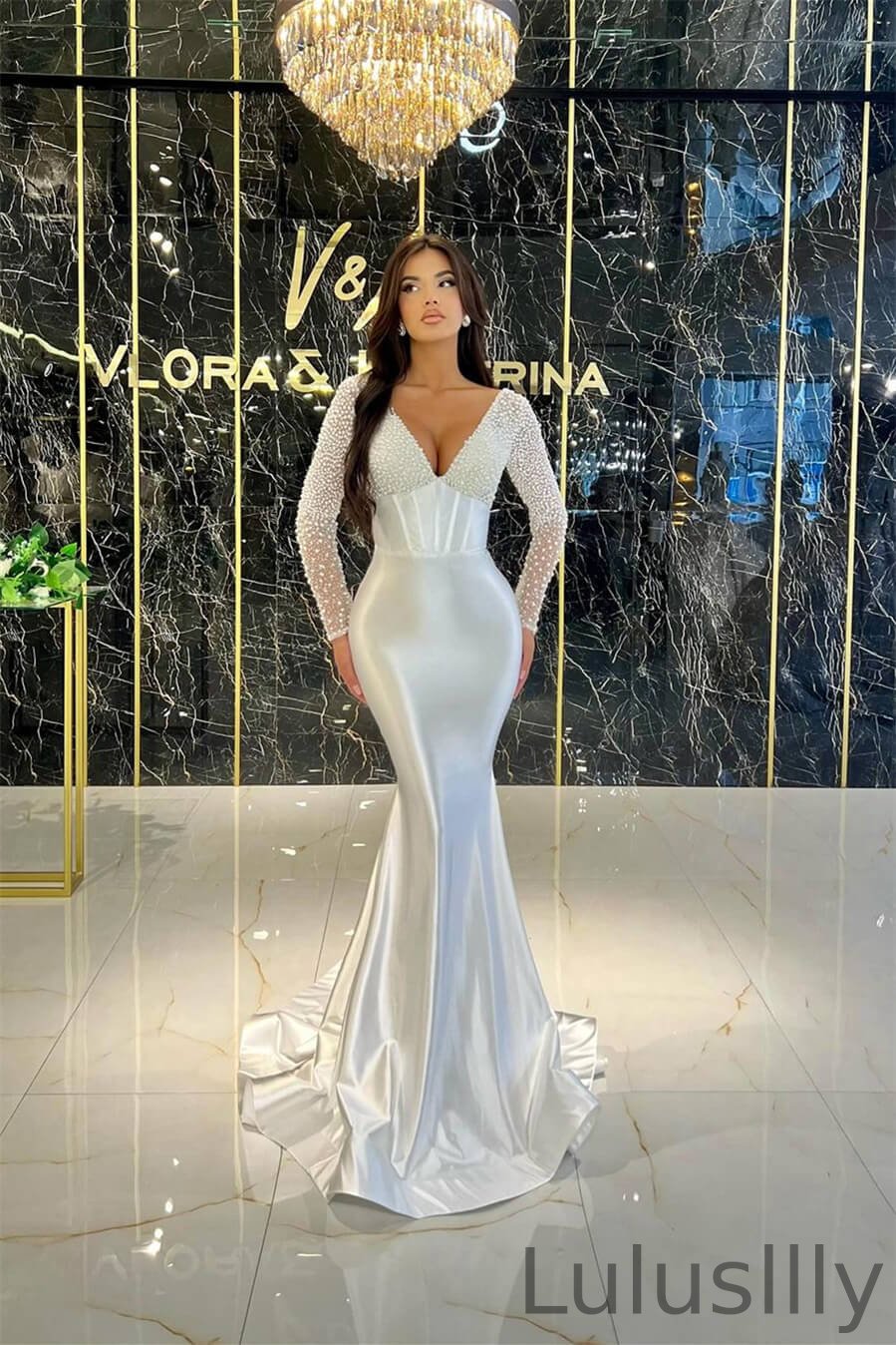 Fabulous White V-Neck Long Sleeves Mermaid Prom Gown With Pearls - lulusllly