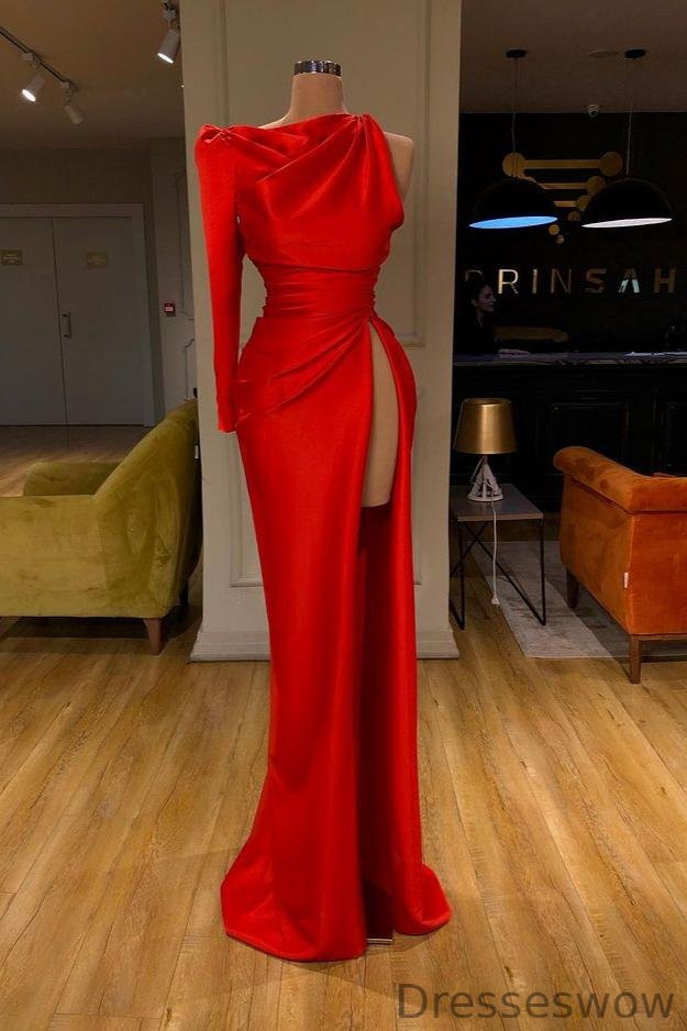 Dresseswow Red One Shoulder Long Sleeves Prom Dress With Slit