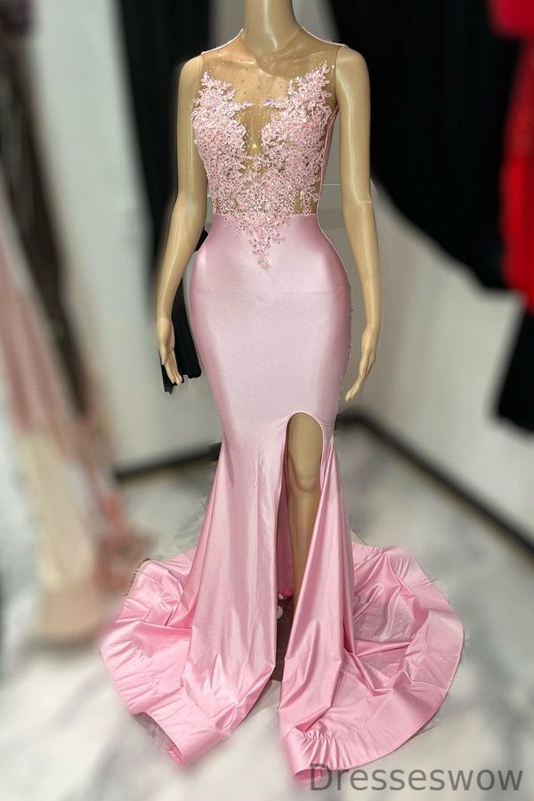 Dresseswow Pink Mermaid Lace Appliques Prom Dress Split Sleeveless