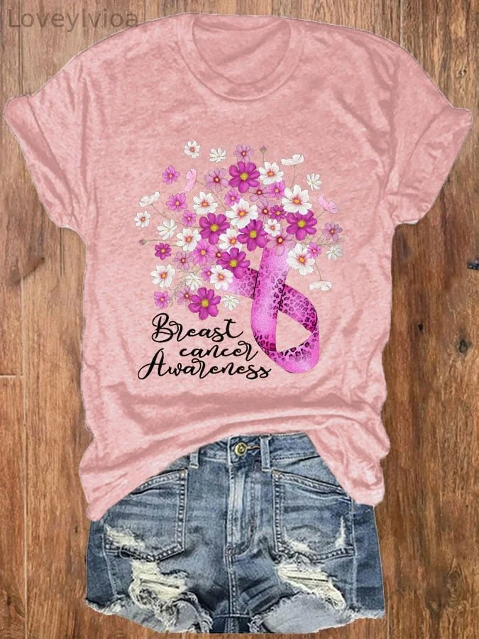 Women's Floral Breast Cancer Awareness Pink Ribbon Print Crewneck T-Shirt