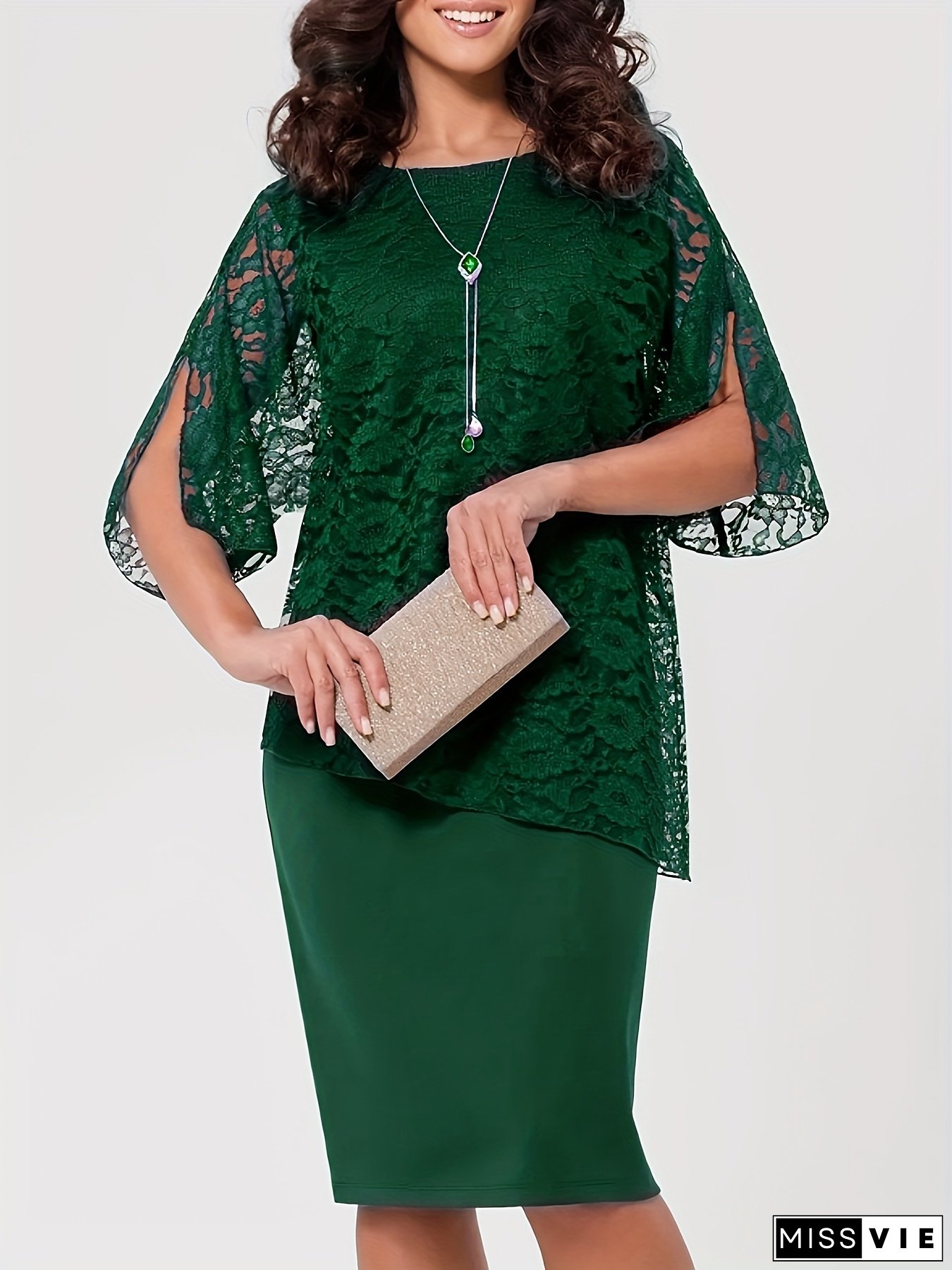 New Dress with Contrast Lace Overlay and Design for a Faux Two-Piece Look