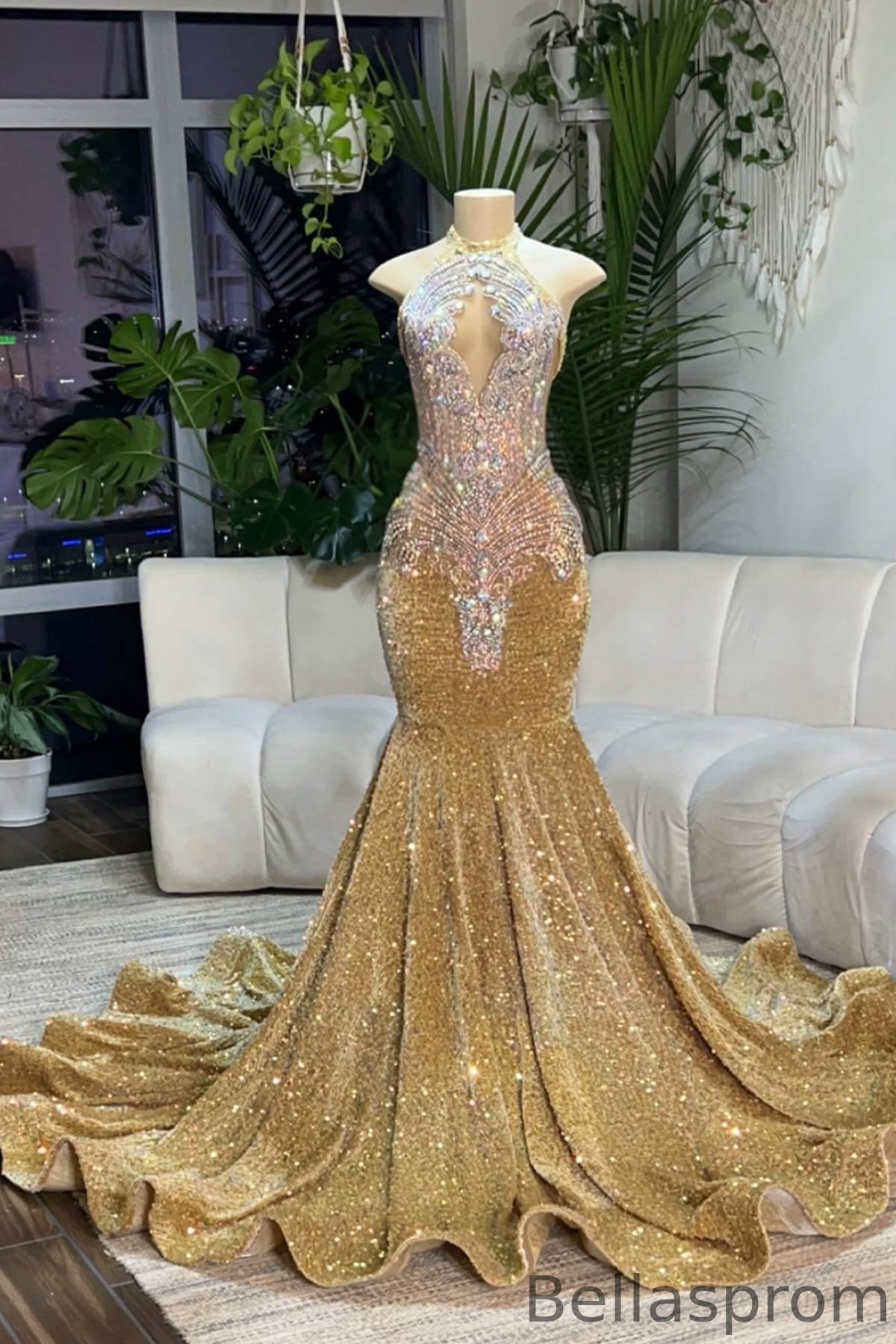 Bellasprom Gold Halter Sleeveless Mermaid Prom Dress With Sequins Beadings Crystals Long Bellasprom