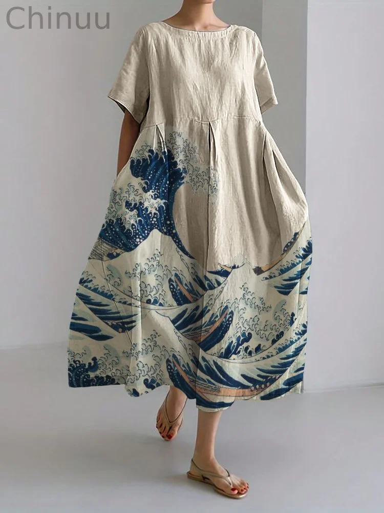 Great Wave Japanese Art Linen Blend Maxi Dress