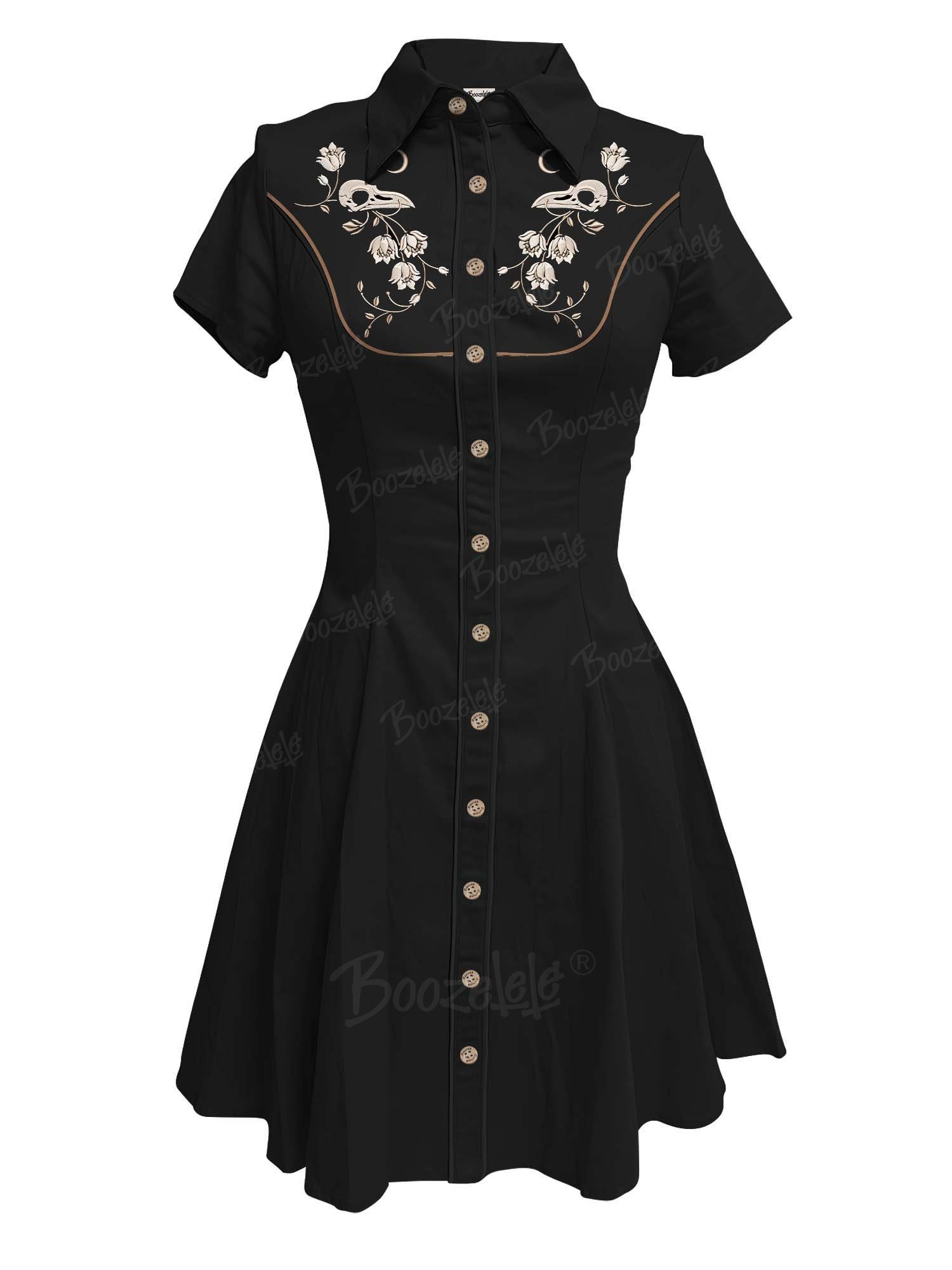 【Embroidery】Skeleton Crow Head And Flower - 100% Cotton Double Pocket Dress