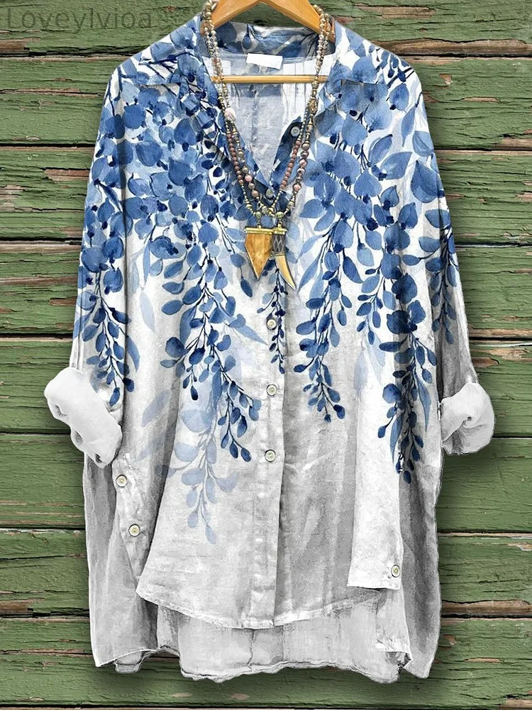 Women's Flower Print Casual Cotton And Linen Shirt