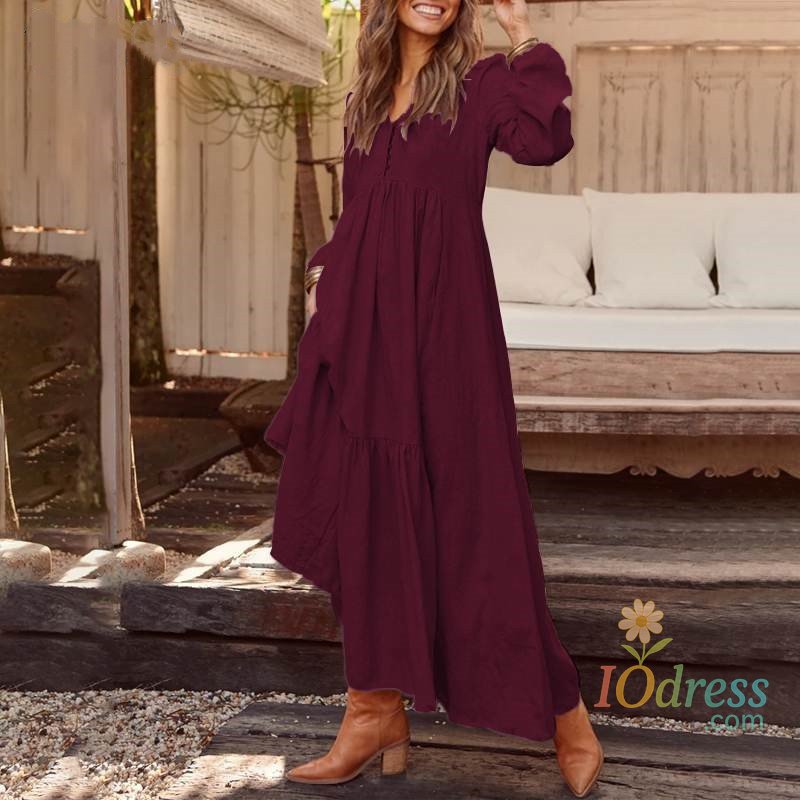 IO Dress Autumn And Winter New Cotton  Linen Retro Casual Long-sleeved Dress With Long Skirt For Women Fashion Solid Color Button Dress IO Dress