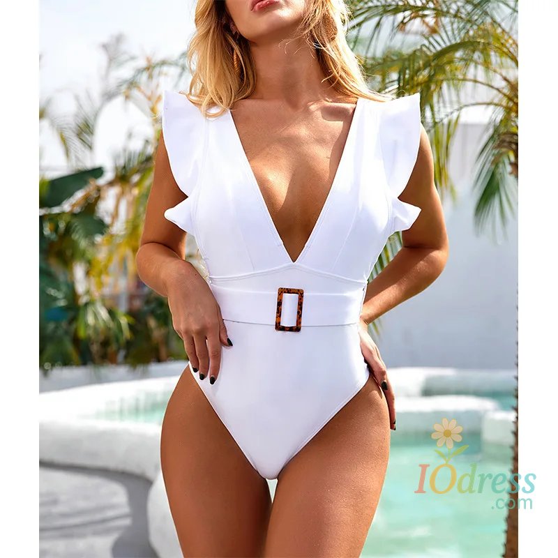 IO Dress 3 Colors Sexy One Piece Swimsuit Swimwear Women Ruffled V-neck Backless High Waist Solid Beachwear Bathing Suit with Waistband