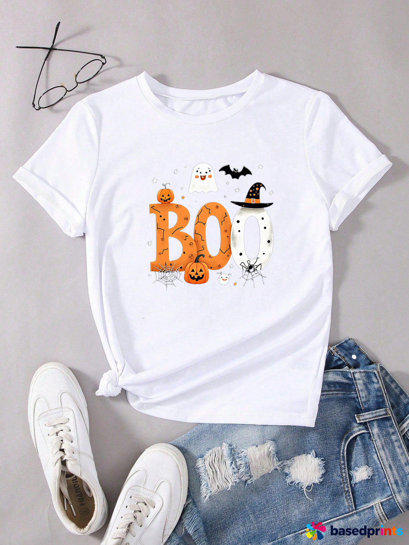 Halloween Boo Pumpkin Ghost Bat Graphic Tee Shirt