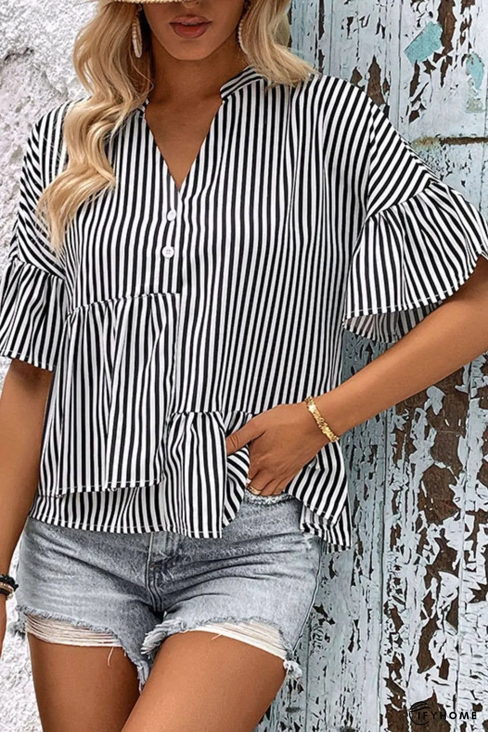 Striped Asymmetrical Flounce Sleeve Blouse | IFYHOME