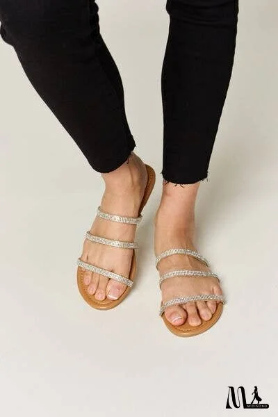 WILD DIVA Rhinestone Three-Strap Flat Sandals