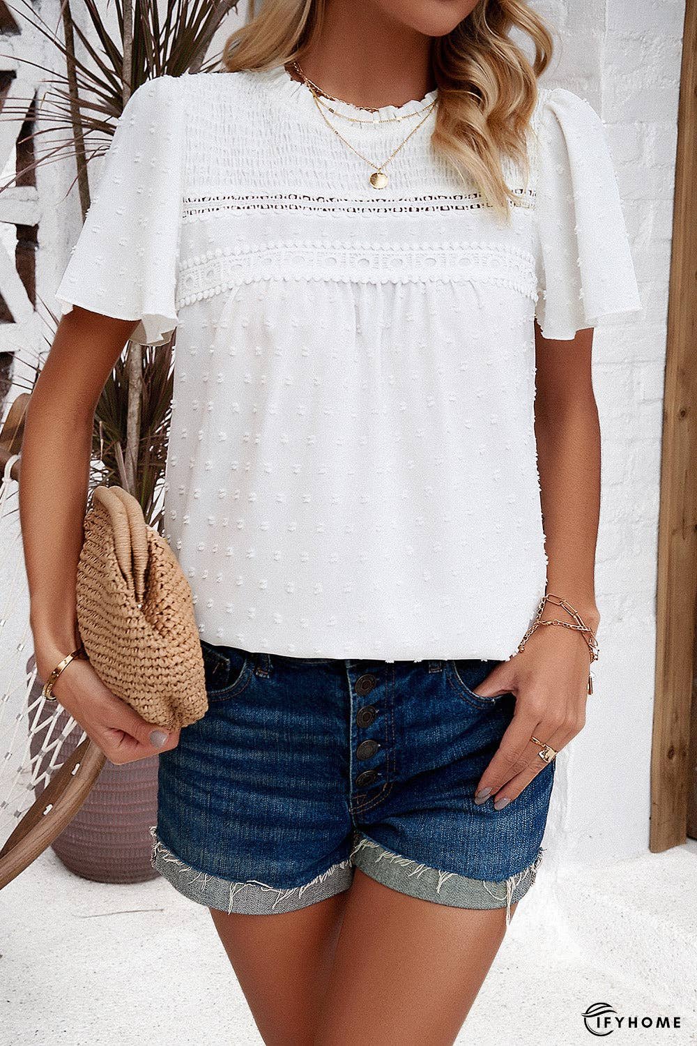 Swiss Dot Smocked Round Neck Short Sleeve Blouse | IFYHOME