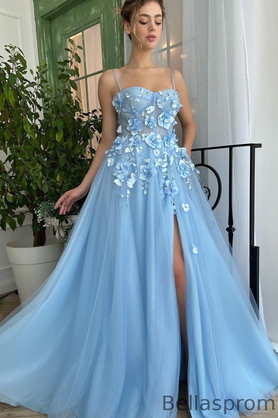 Bellasprom Spaghetti-Straps Sky Blue Prom Dresses Long Split With Flowers Bellasprom