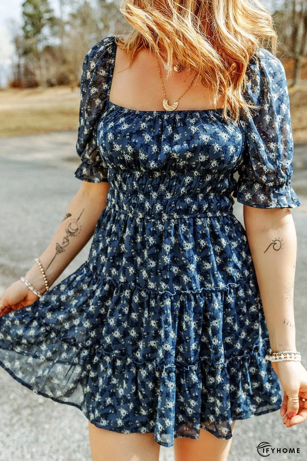 Printed Square Neck Short Sleeve Dress | IFYHOME