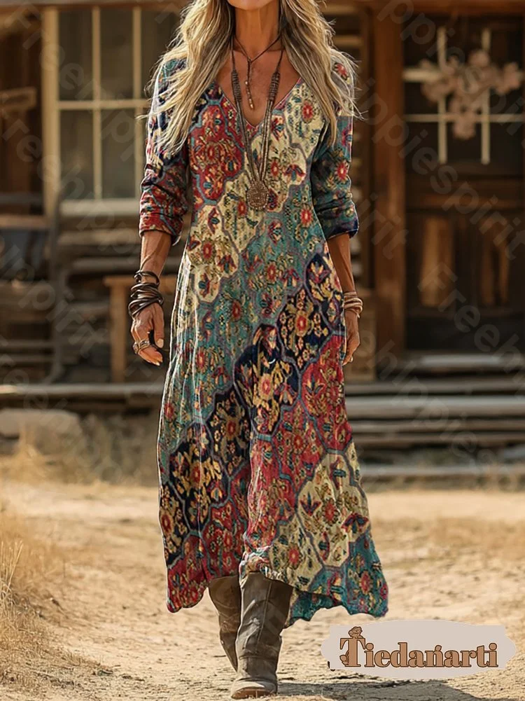 Women's Retro Colorful Floral Art Print Pocket Cotton Dress