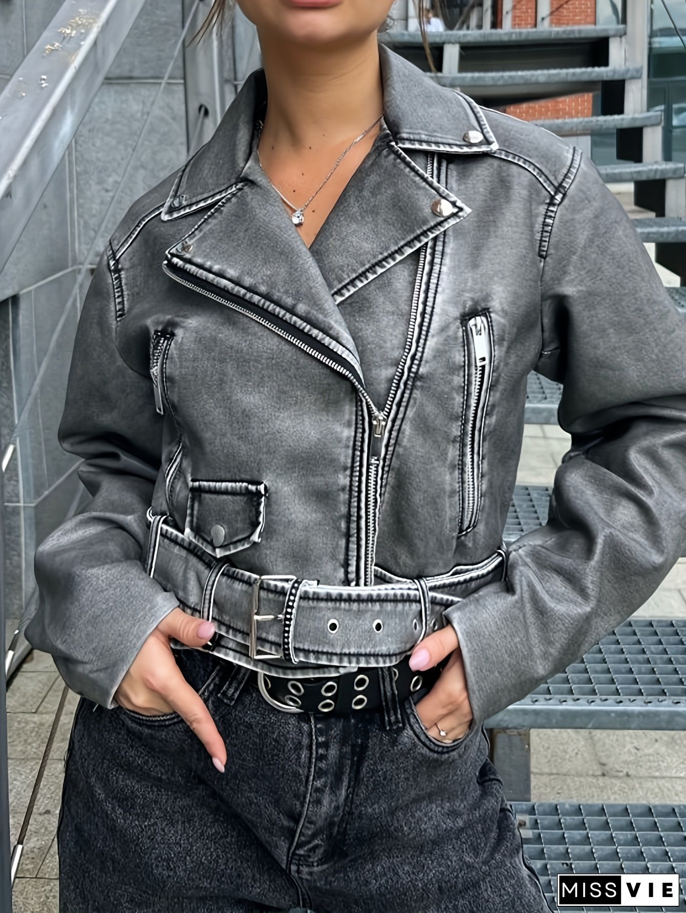 Vegan Leather Womens Retro Jacket with Belt Zipper Closure Short Cropped Loose Fit Casual