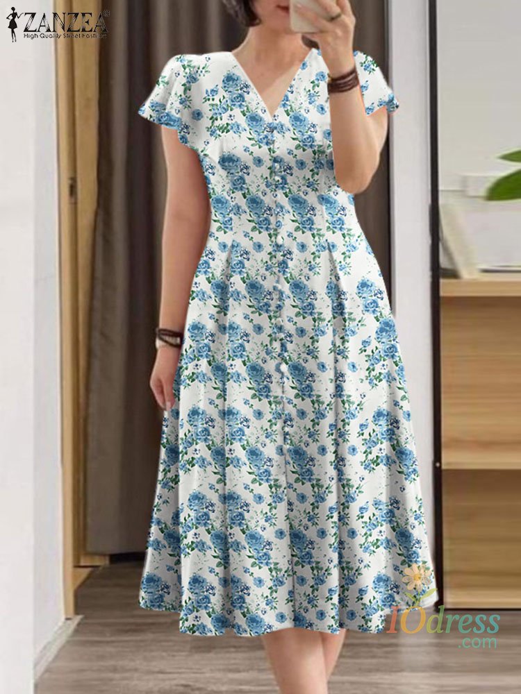 IO Dress Shop Elegant Summer Floral Printed Sundress Bohemian Women V Neck Short Sleeve Dress Casual Holiday Party Midi Vestido Kaftan IO Dress