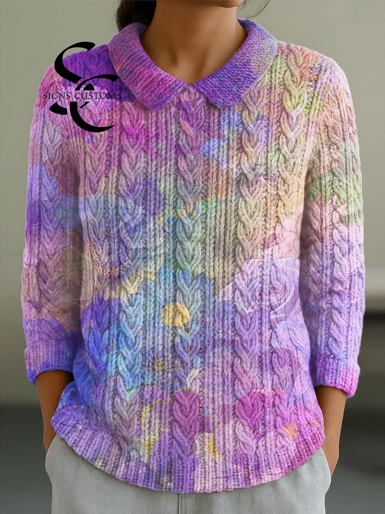 Women's Beautiful Colorful Flower Painting Art Print Casual Peter Pan Collar 3/4 Sleeve Sweater