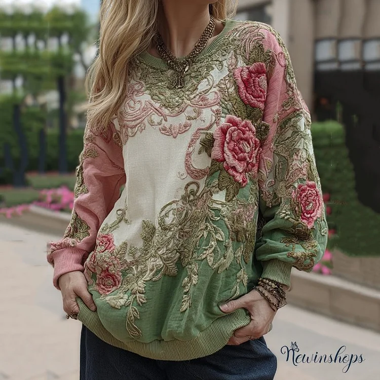 Love & Health Collection Vintage Floral And Rose Art Linen Long Sleeve Sweatshirt