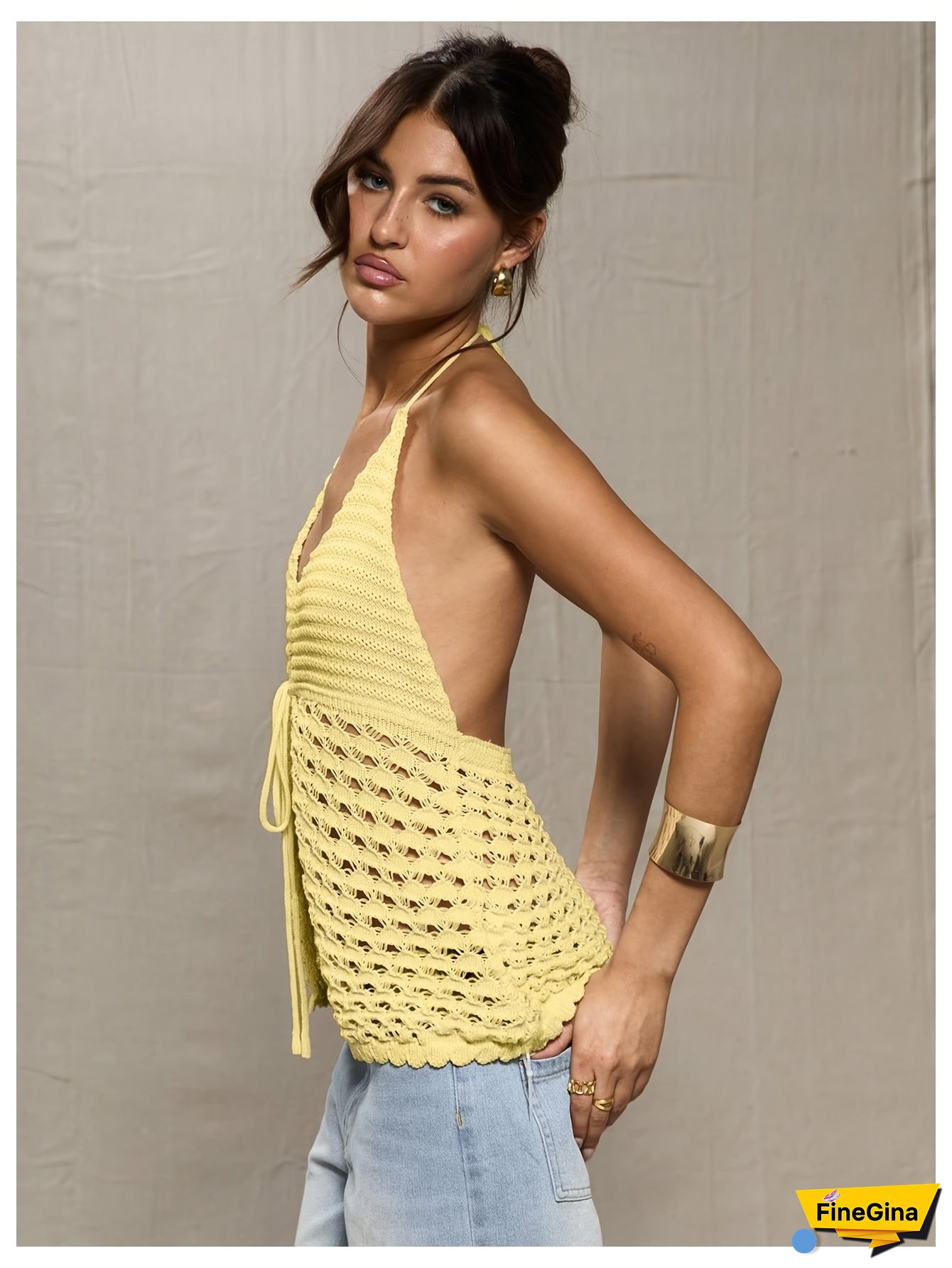 Women‘s Crochet Tie Front Y2k Tops Sexy Knitted V Neck Sleeveless Camisole Halter Crop Top Streetwear